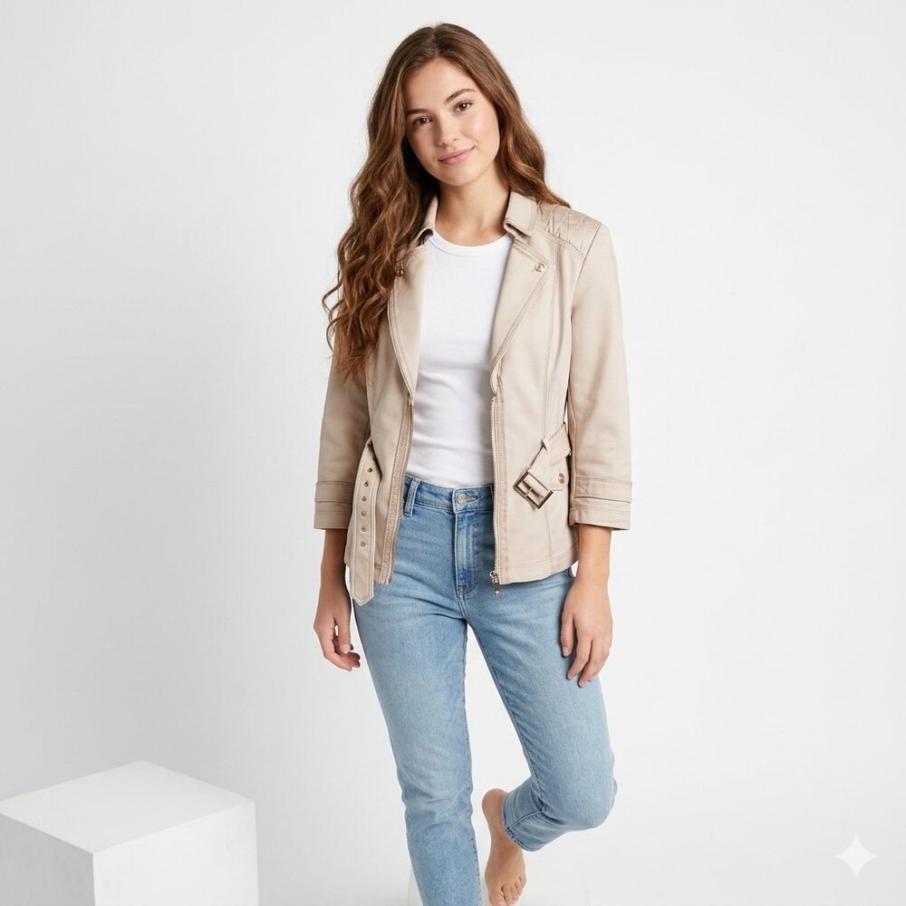 White House Black Market Belted Safari Jacket Tan Beige Size 8 Pleated Shoulder